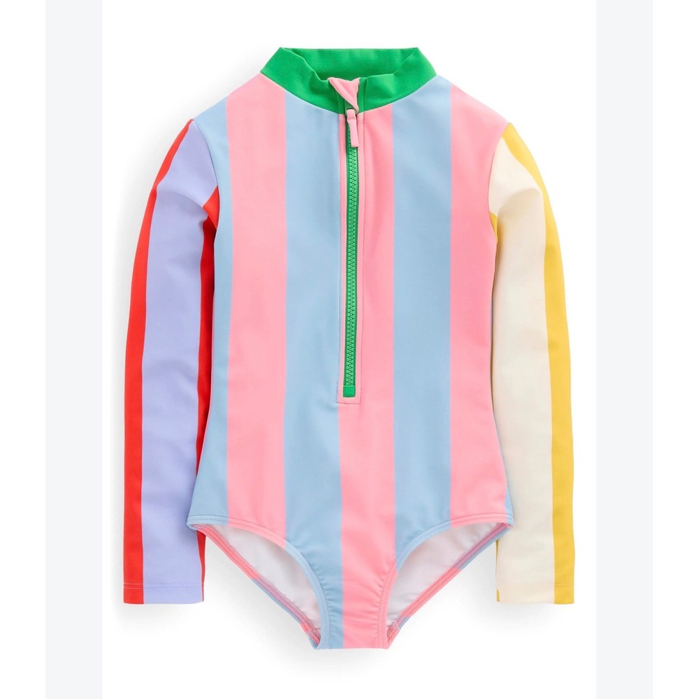 Mini Boden Kids Multi Color Stripe Long Sleeve Rash Guard Swimsuit Size 5-6Y